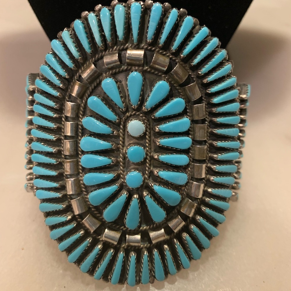 Vintage Petit Point Zuni SS and turquoise bracelet- size 6 3/4 with 1” opening